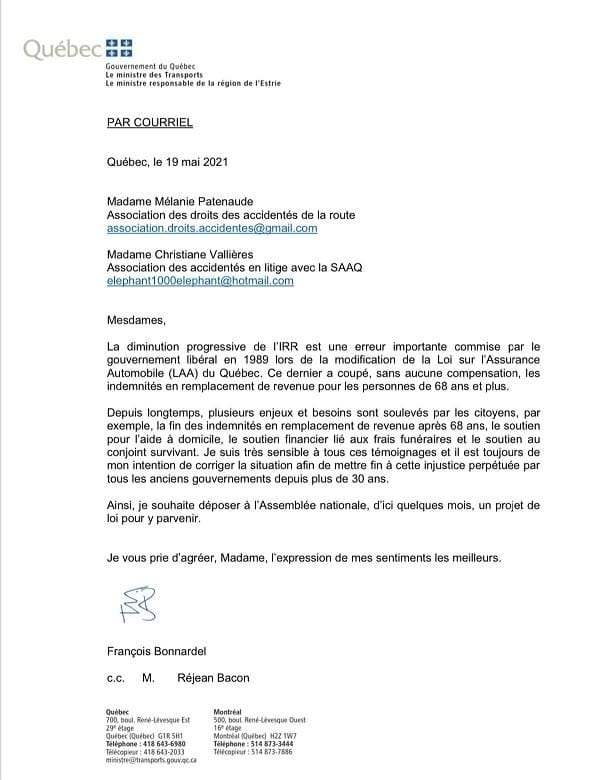 Lettre du ministre Bonnardel