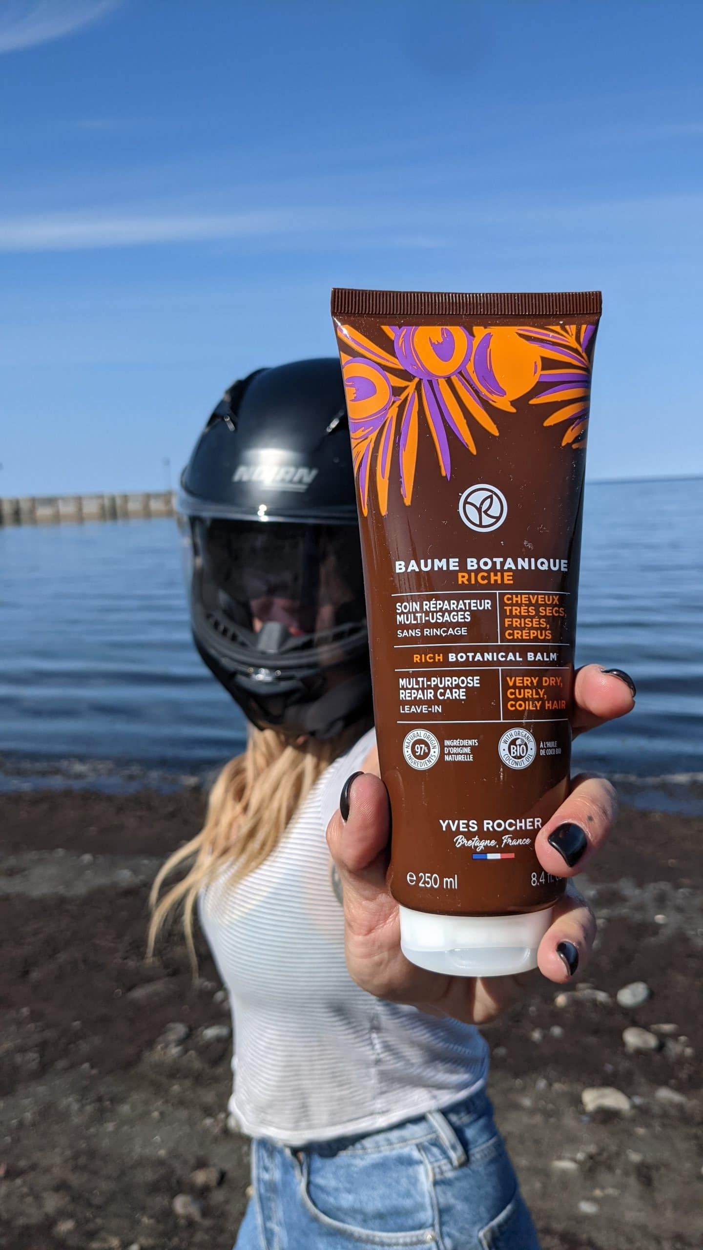 Yves Rocher Botanical Hair Balm on a motorcycle roadtrip