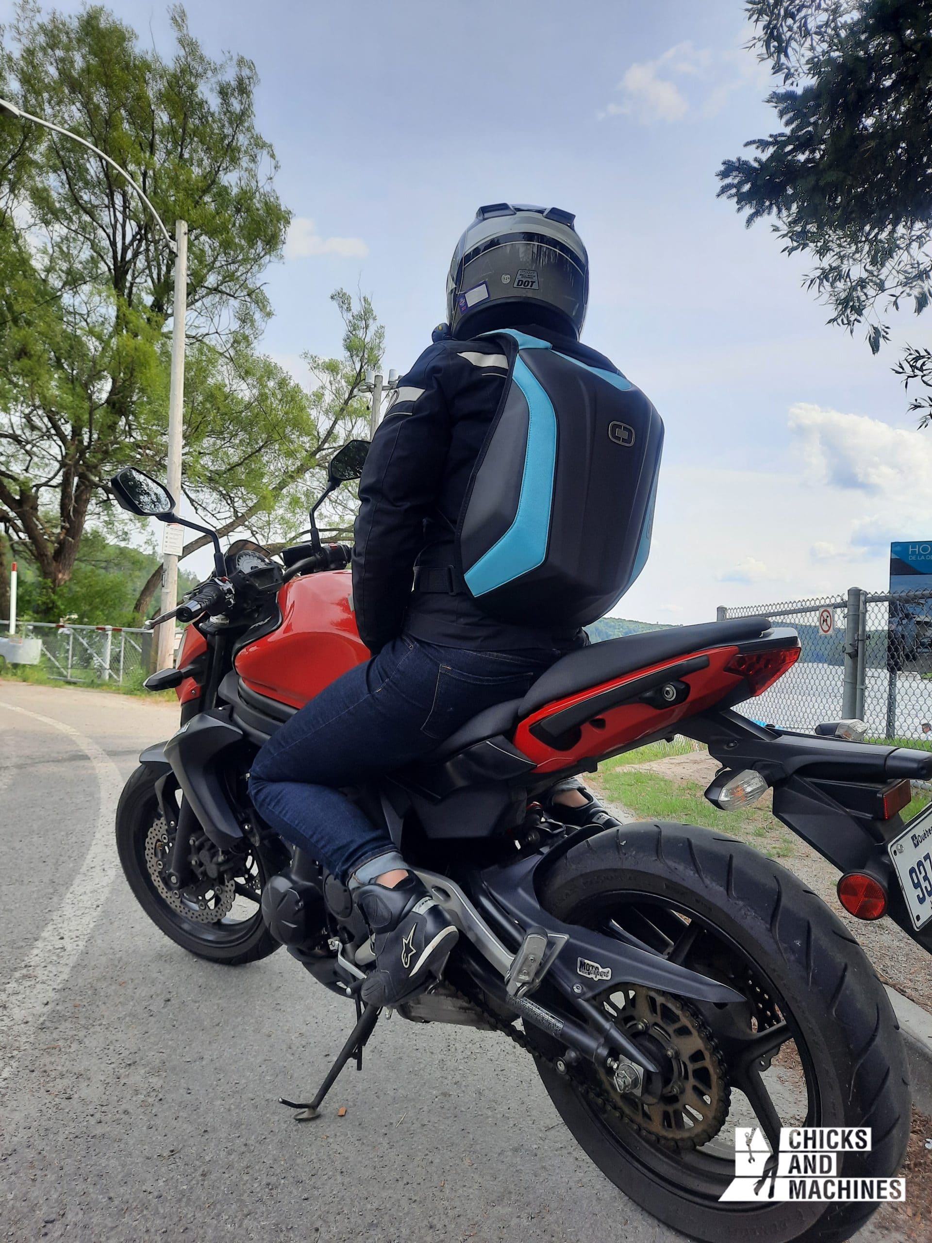 Cyndie ready for a motorcycle ride with her new OGIO Mach 3S LE bag!