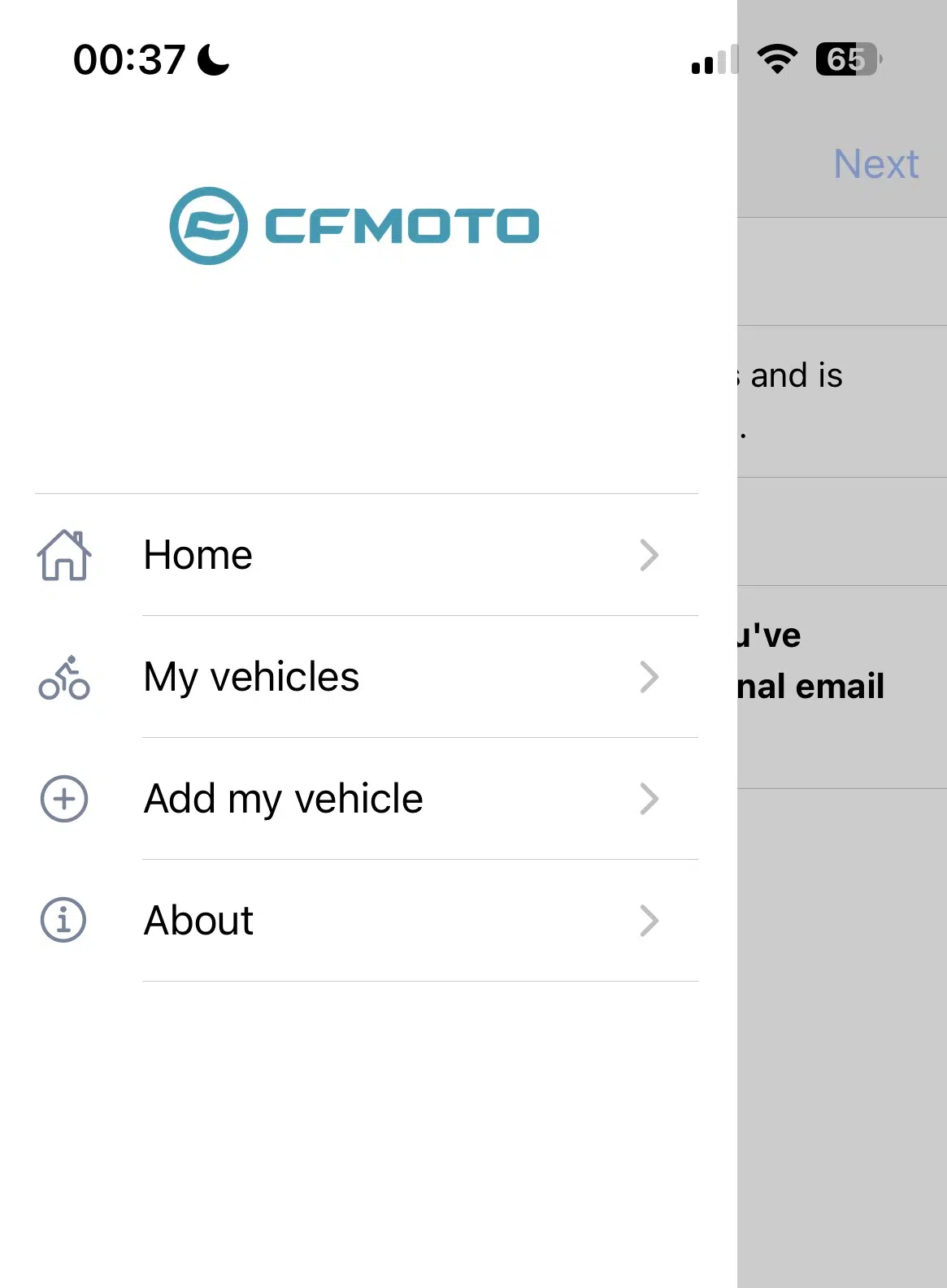 Menu de l'application CFMOTO